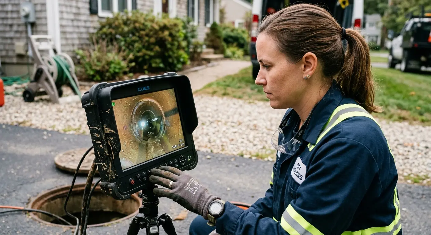 Technician reviewing sewer camera inspection footage in South Kingstown