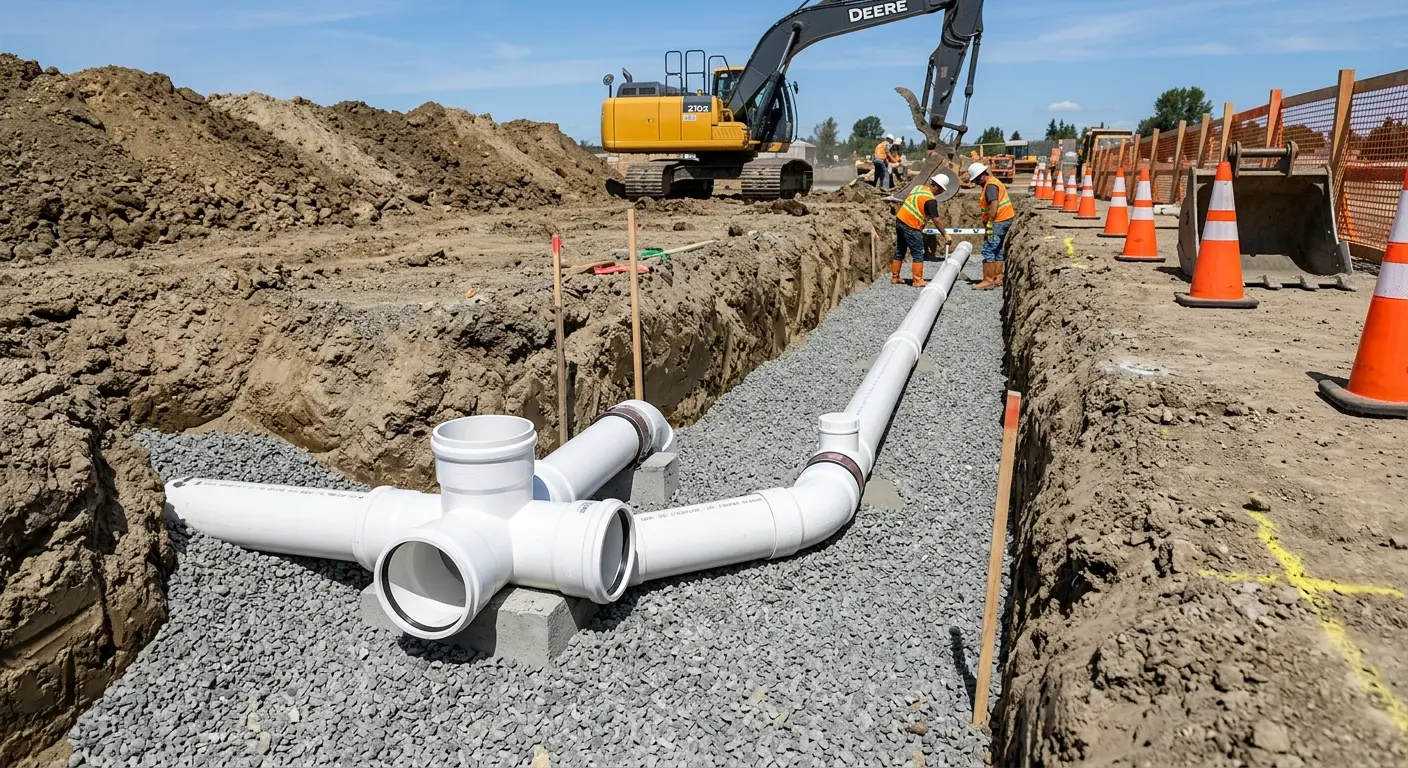 New PVC sewer pipe installation in open trench for Commercial Drain Cleaning in South Kingstown