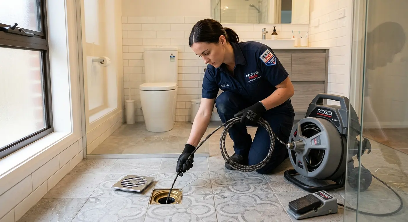 Technician clearing a bathroom floor drain for Clogged Drain Repair in South Kingstown